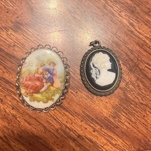 Vintage Romantic Porcelain Scenic Brooch & Black Cameo Pendant Set
